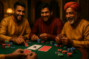 Players enjoying a game of Andar Bahar in a traditional setting